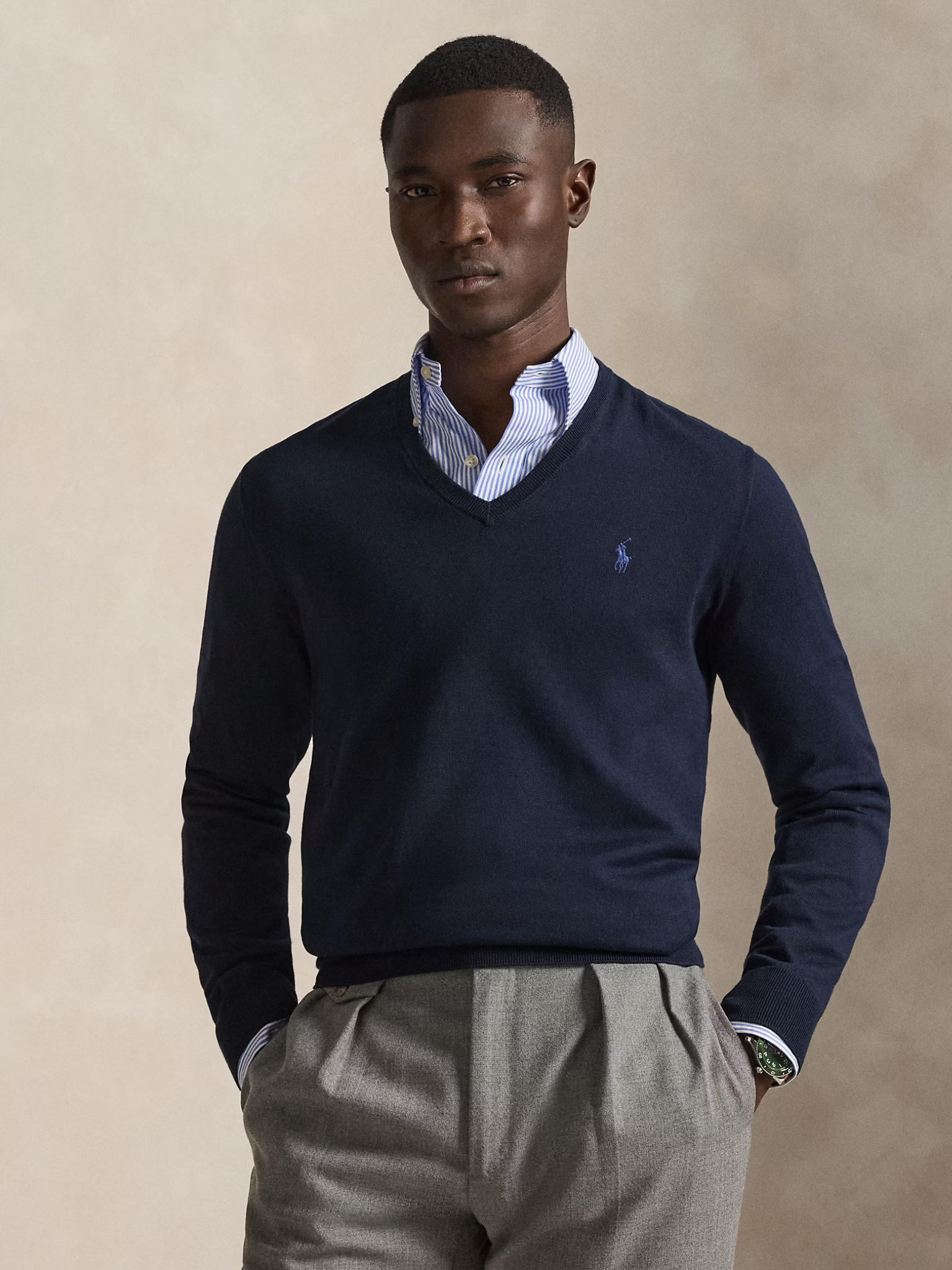 RALPH LAUREN Slim Fit Cotton V-Neck Jumper Hunter Navy