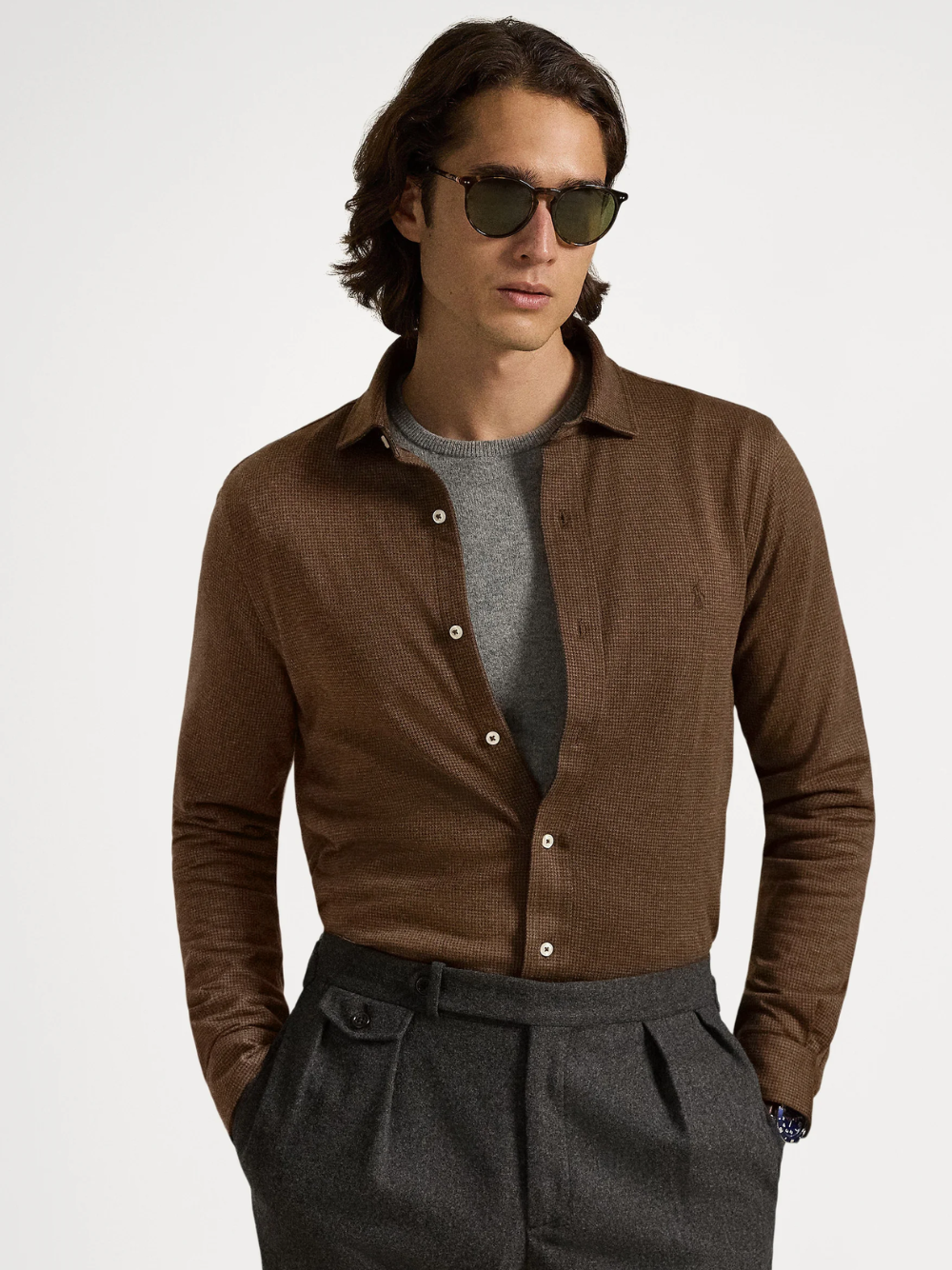 RALPH LAUREN Houndstooth Jersey Spread-Collar Shirt Nutmeg Brown