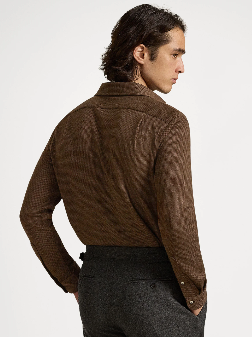 RALPH LAUREN Houndstooth Jersey Spread-Collar Shirt Nutmeg Brown