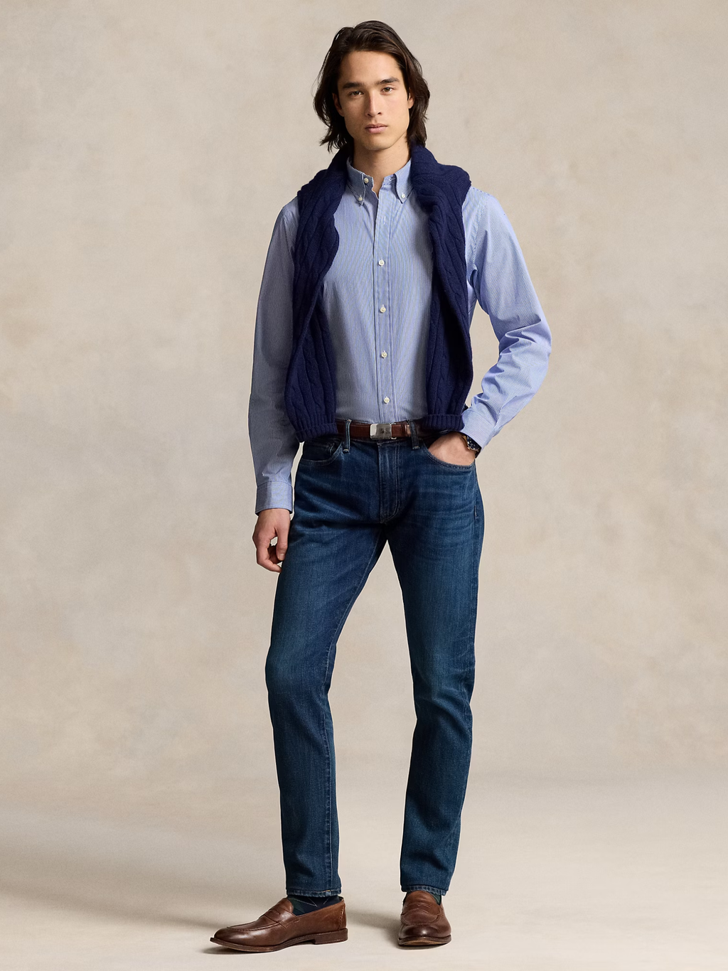 RALPH LAUREN Custom Fit Stretch Poplin Shirt Blue/White Hairline
