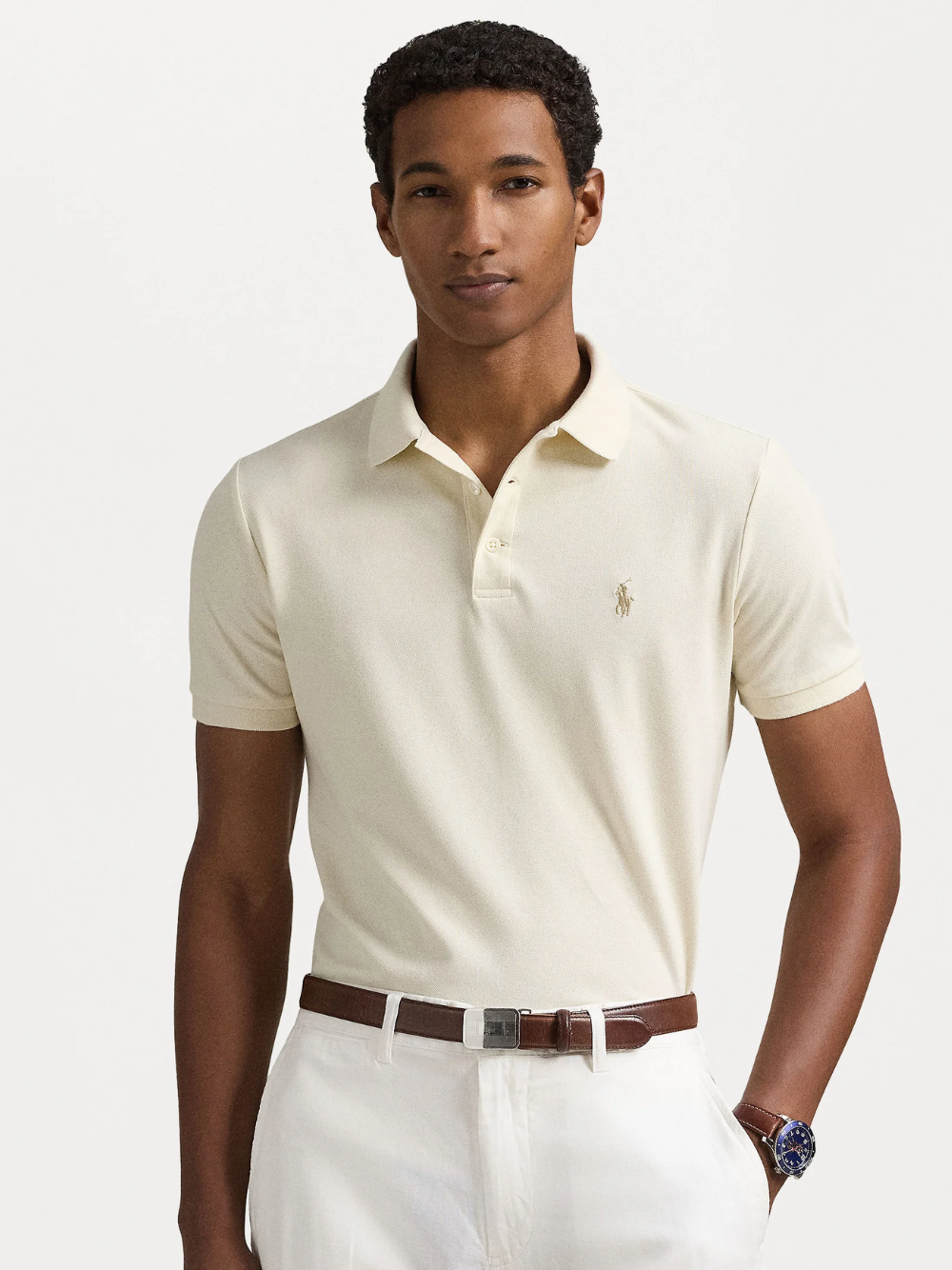 RALPH LAUREN Slim Fit Mesh Polo Shirt Natural