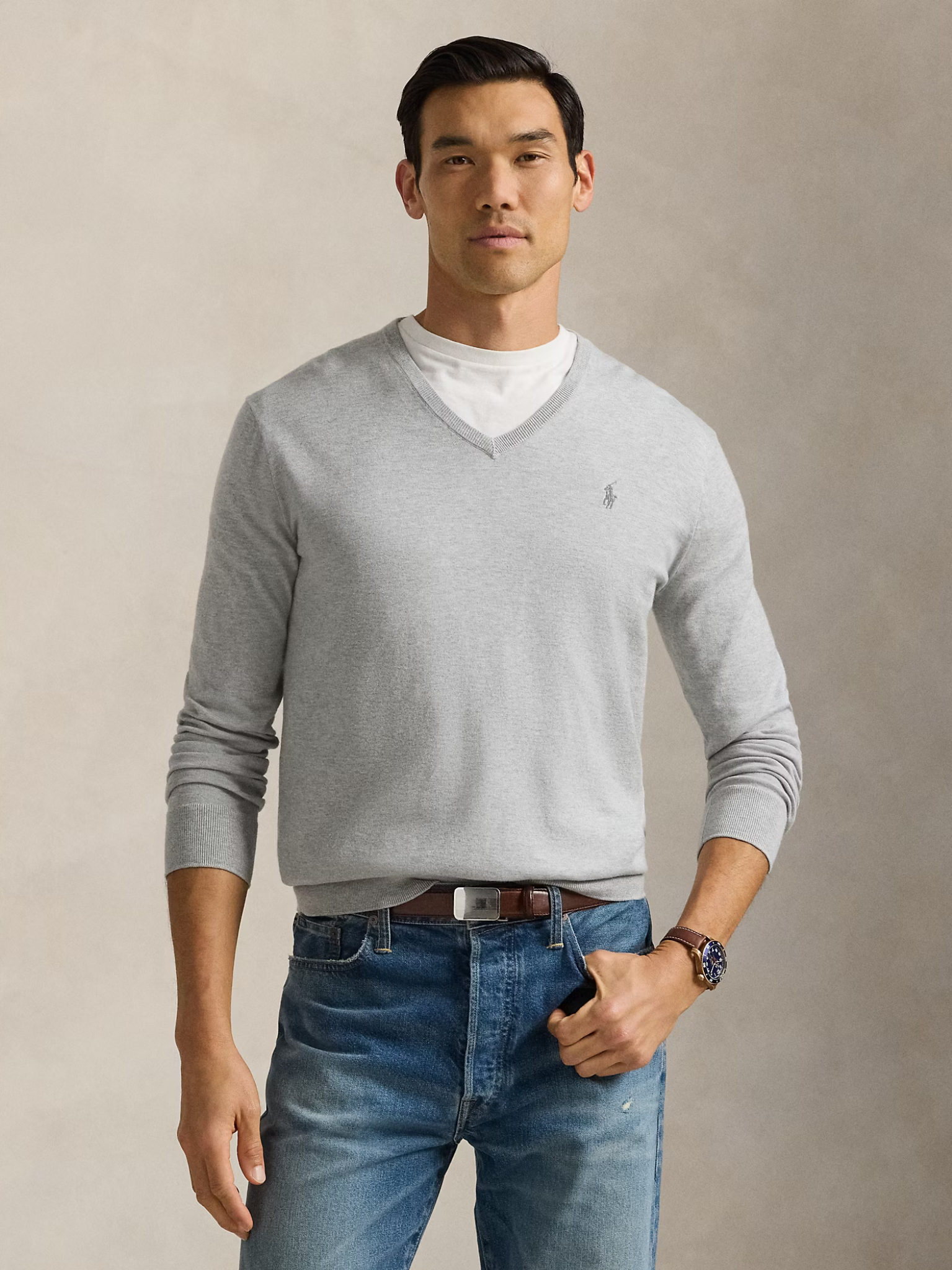 RALPH LAUREN Slim Fit Cotton V-Neck Jumper Andover Heather